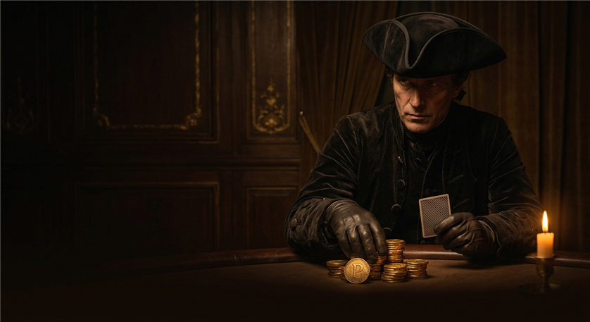 Giocatore con monete d'oro e carte da gioco